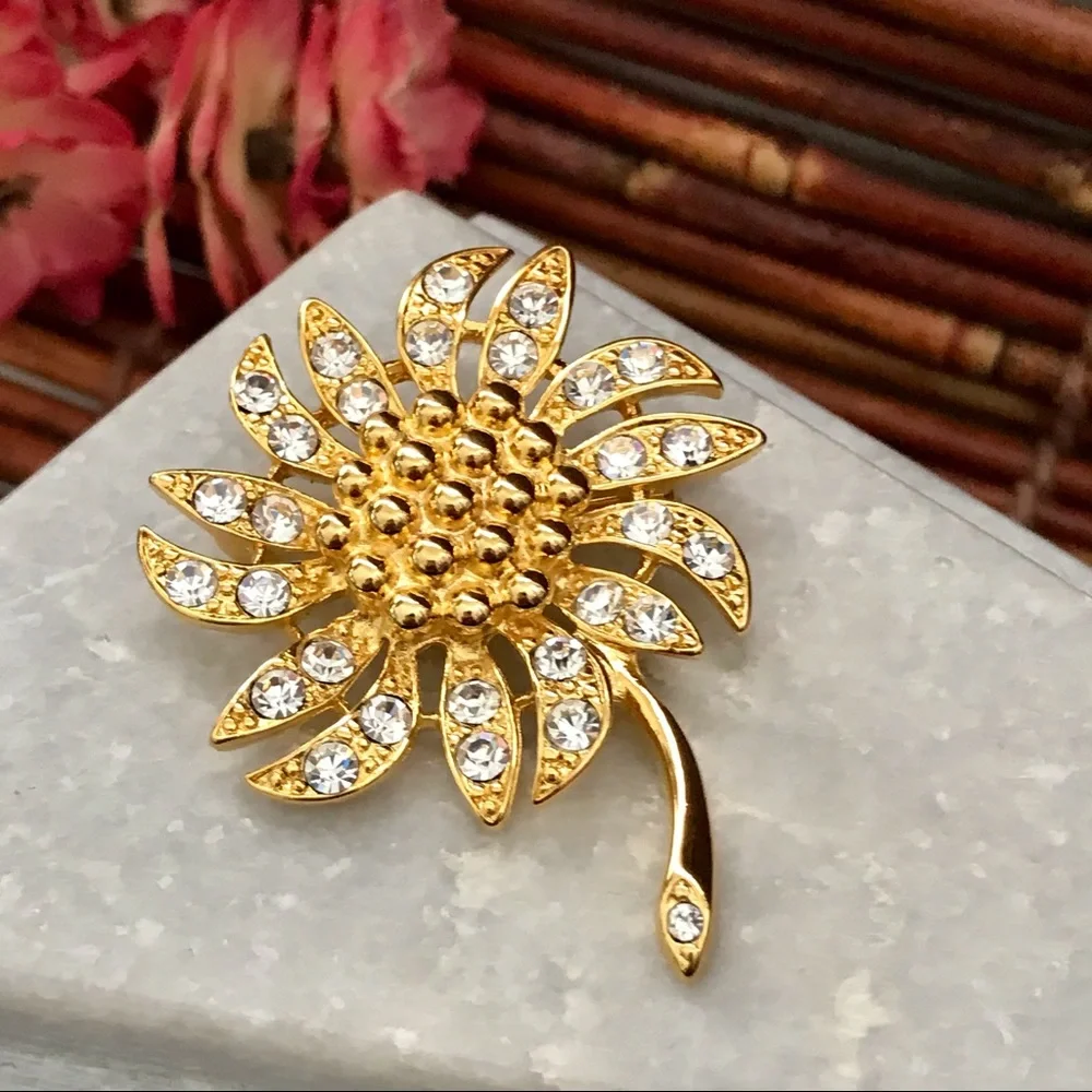 Napier Rhinestone Flower Brooch Gold Tone Signed
